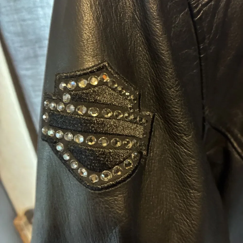 Harley Davidson Womens Medium Black Leather Rhinestone Jacket Moto Biker - Picture 2 of 12